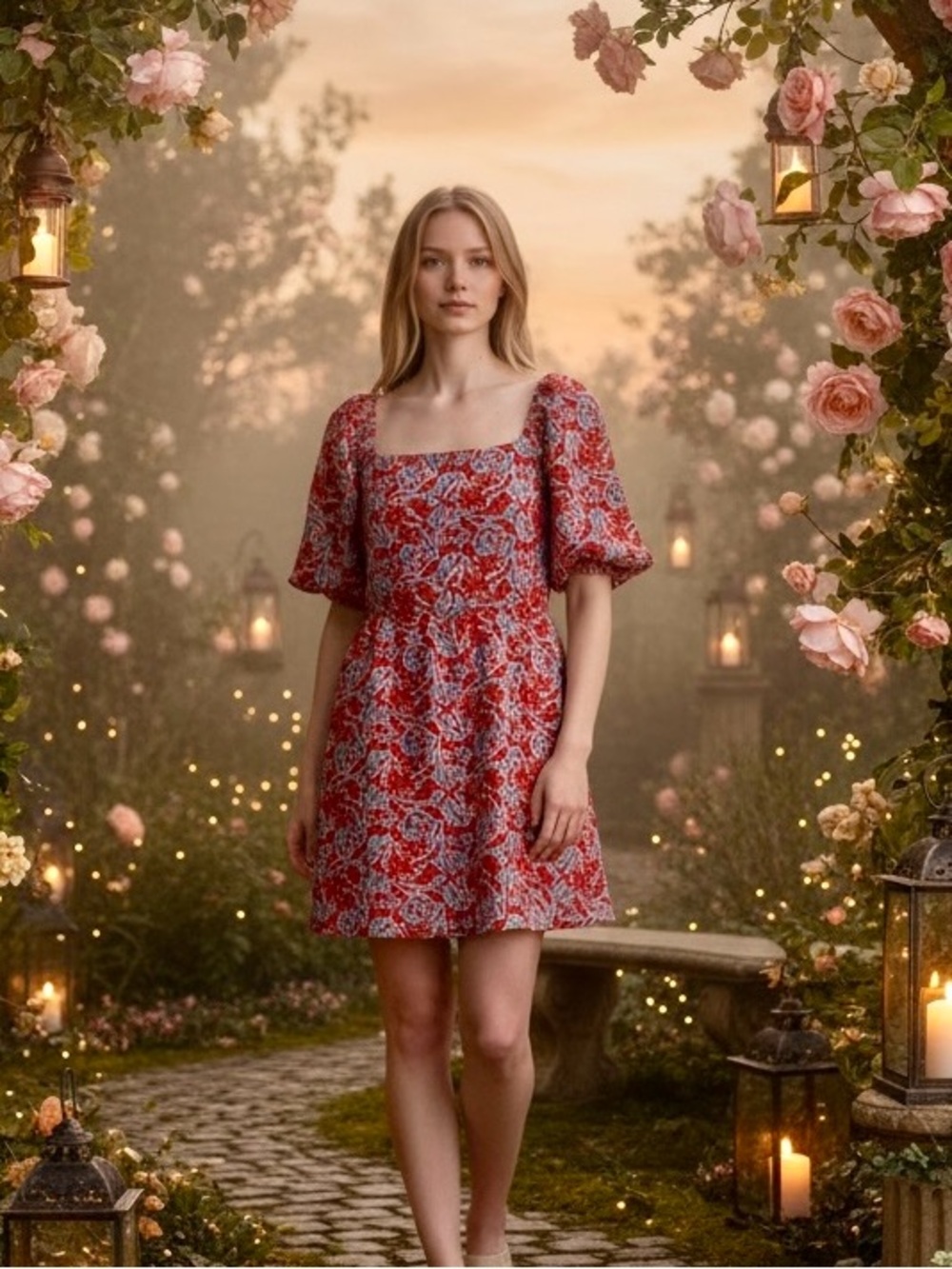 Lucy Paris Puff Sleeve Botanical Mini Dress Cottage Garden Romantic M